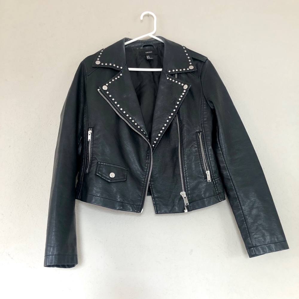 Black Leather Jacket with Silver Stud Detailing